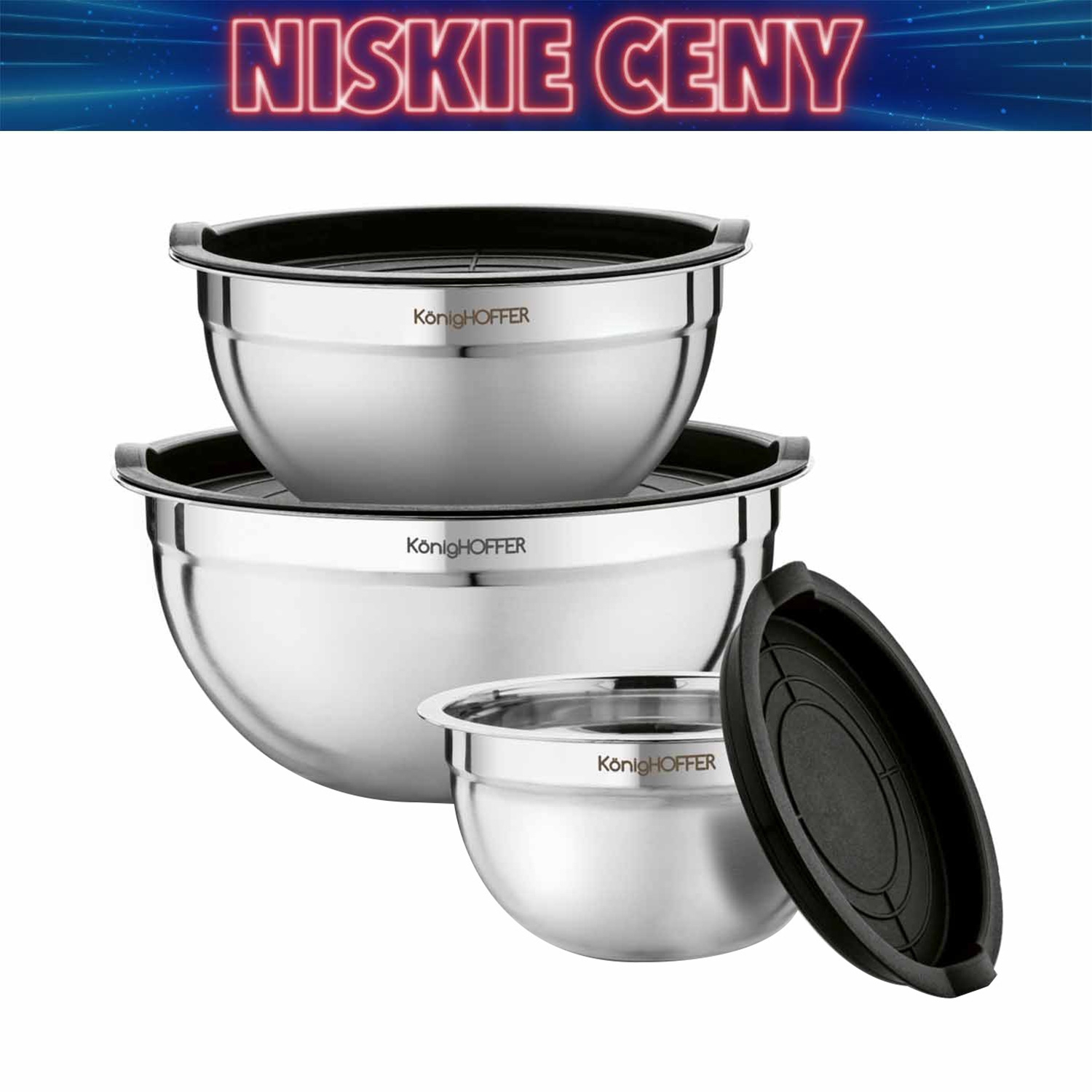 Zestaw misek Konighoffer, 3 sztuki, z pokrywkami, stal nierdzewna