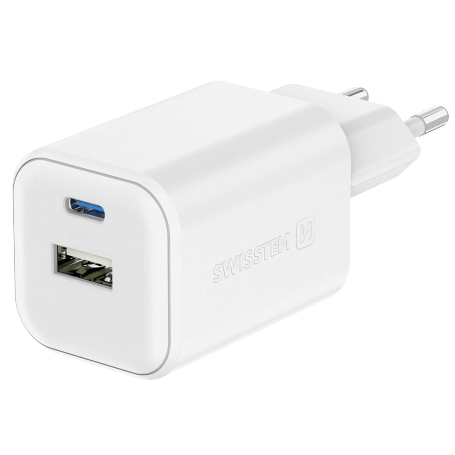 Ładowarka sieciowa Swissten GaN, USB-C PD i USB-A QC, 45 W i 18 W, biała