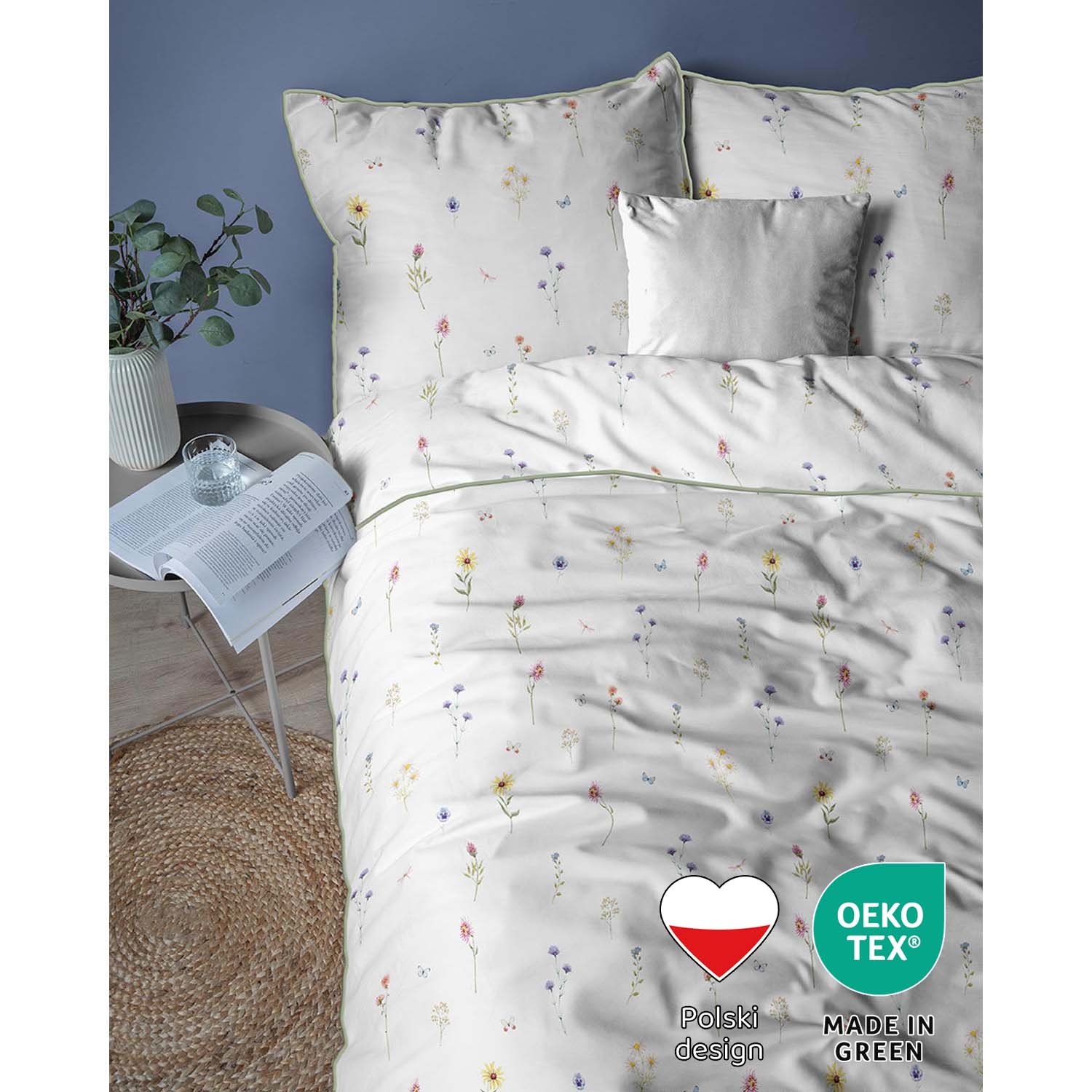 Pościel z perkalu 160 x 200 cm Lame Percale, kolorowe kwiatki, biała