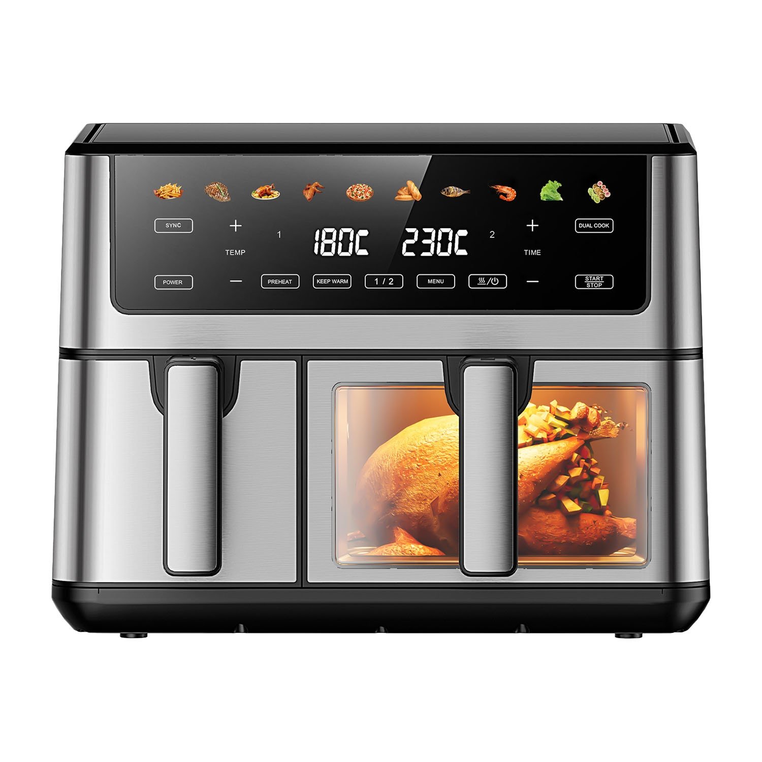 Frytkownica beztłuszczowa z okienkiem Extralink Dual Basket, 2 komory, 2500 W, 6,5 l i 3,5 l, srebrna