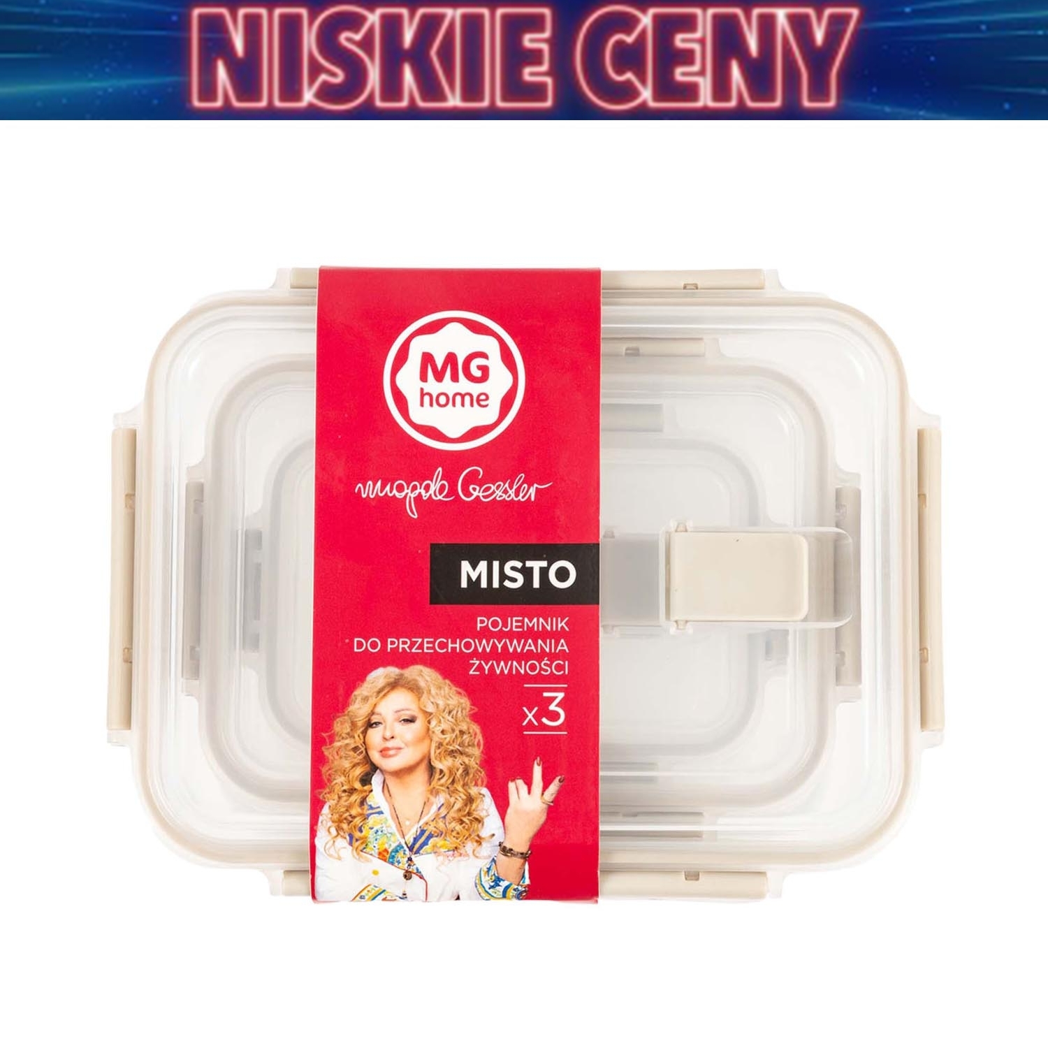 Zestaw 3 pojemników na żywność, MG Home Misto, prostokątne, beżowe