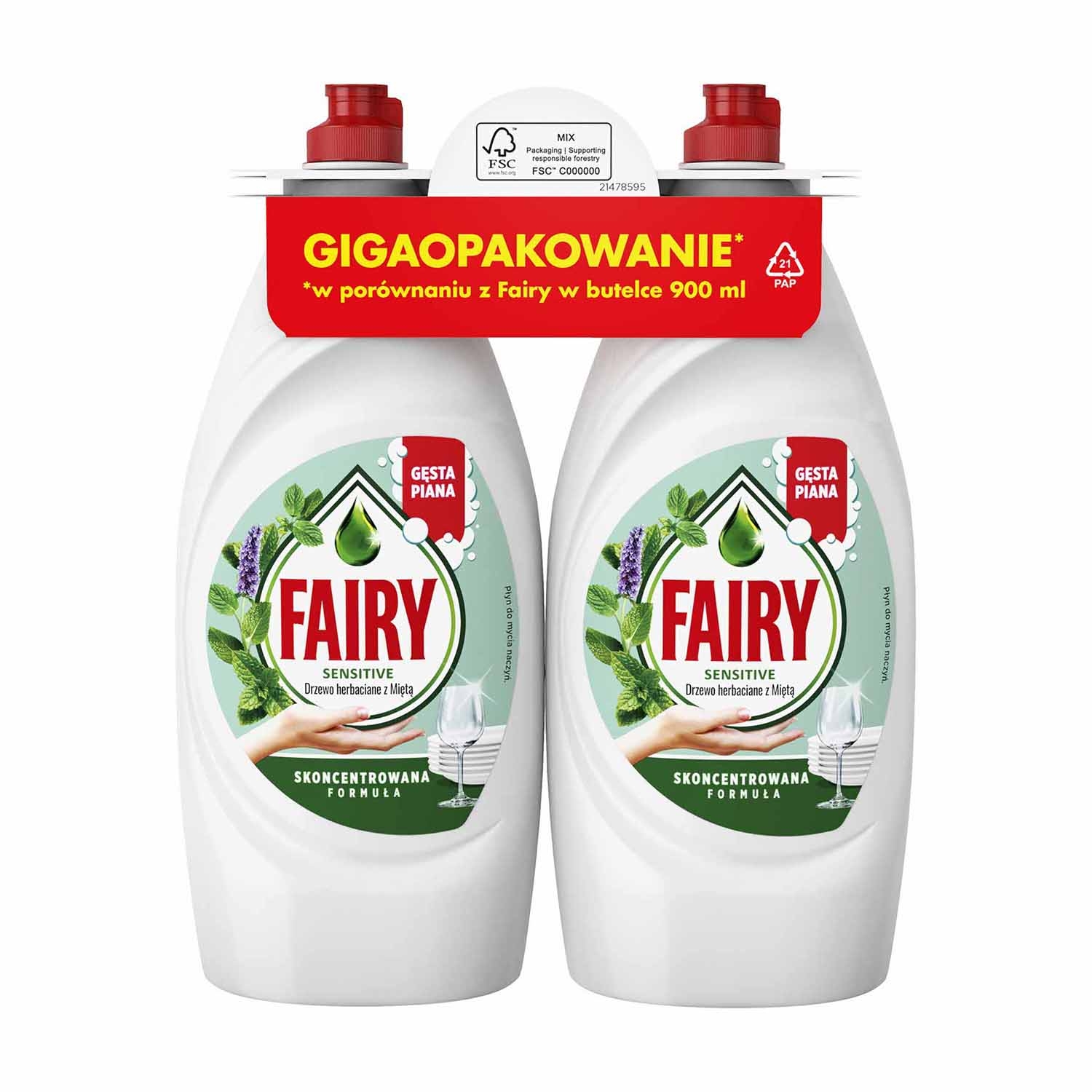 Płyn mycia do naczyń Fairy Teatree & Mint, 2 x 900 ml, dla skóry wrażliwej