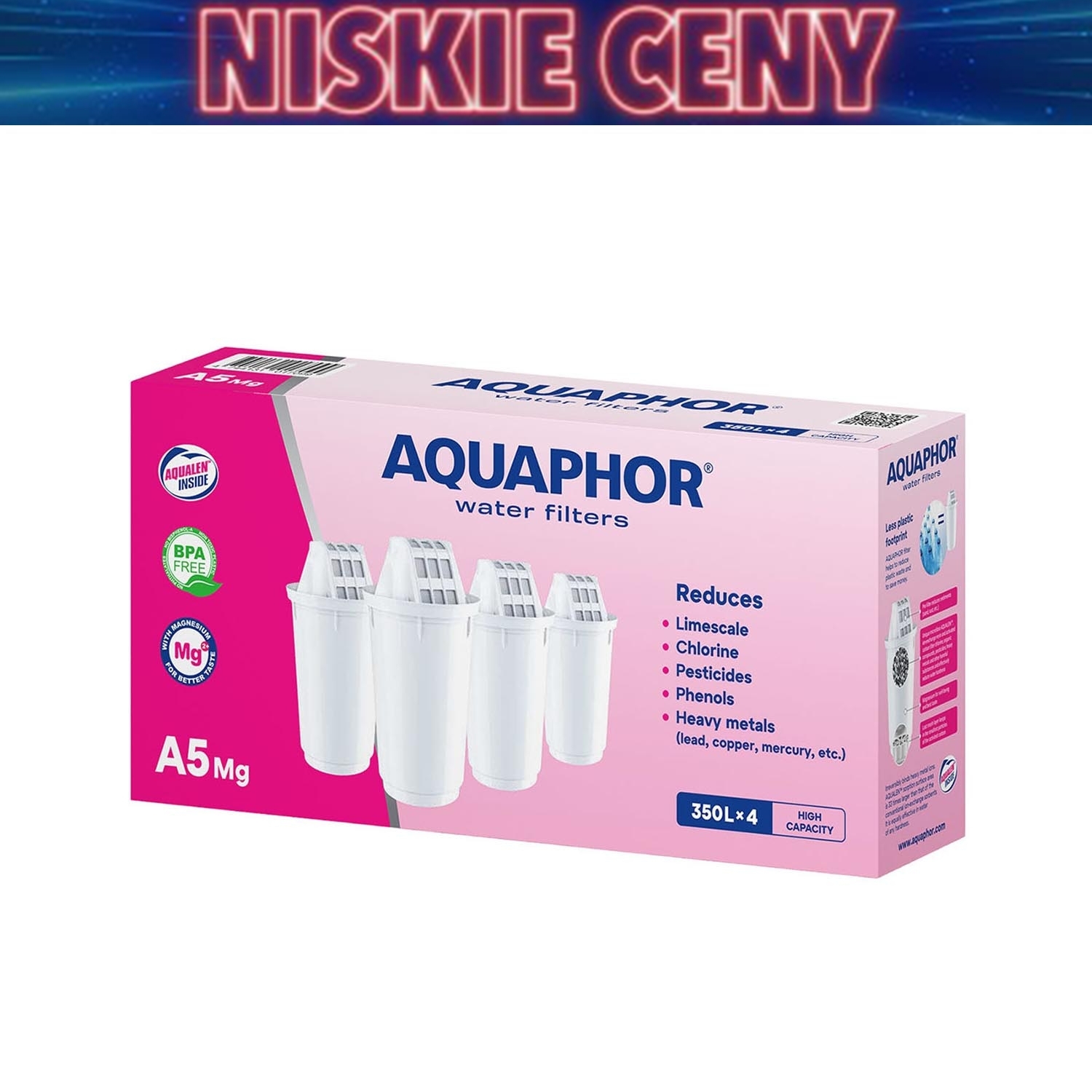 Wkład filtrujący Aquaphor A5 Mg, do dzbanka filtrującego, 4 sztuki