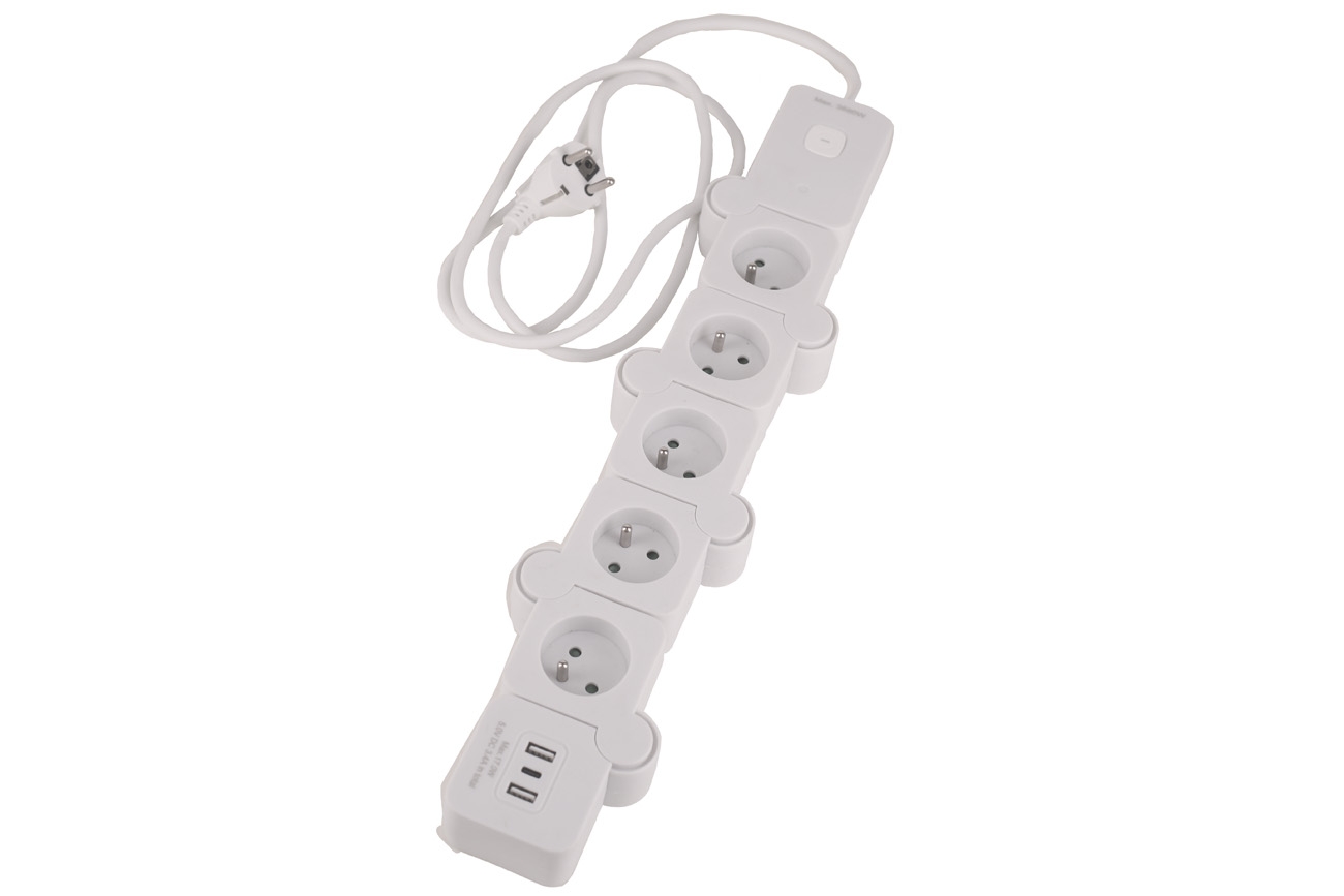Elastyczna listwa zasilająca Hykker, 5 gniazd, 2 x USB-A, 1 x USB-C