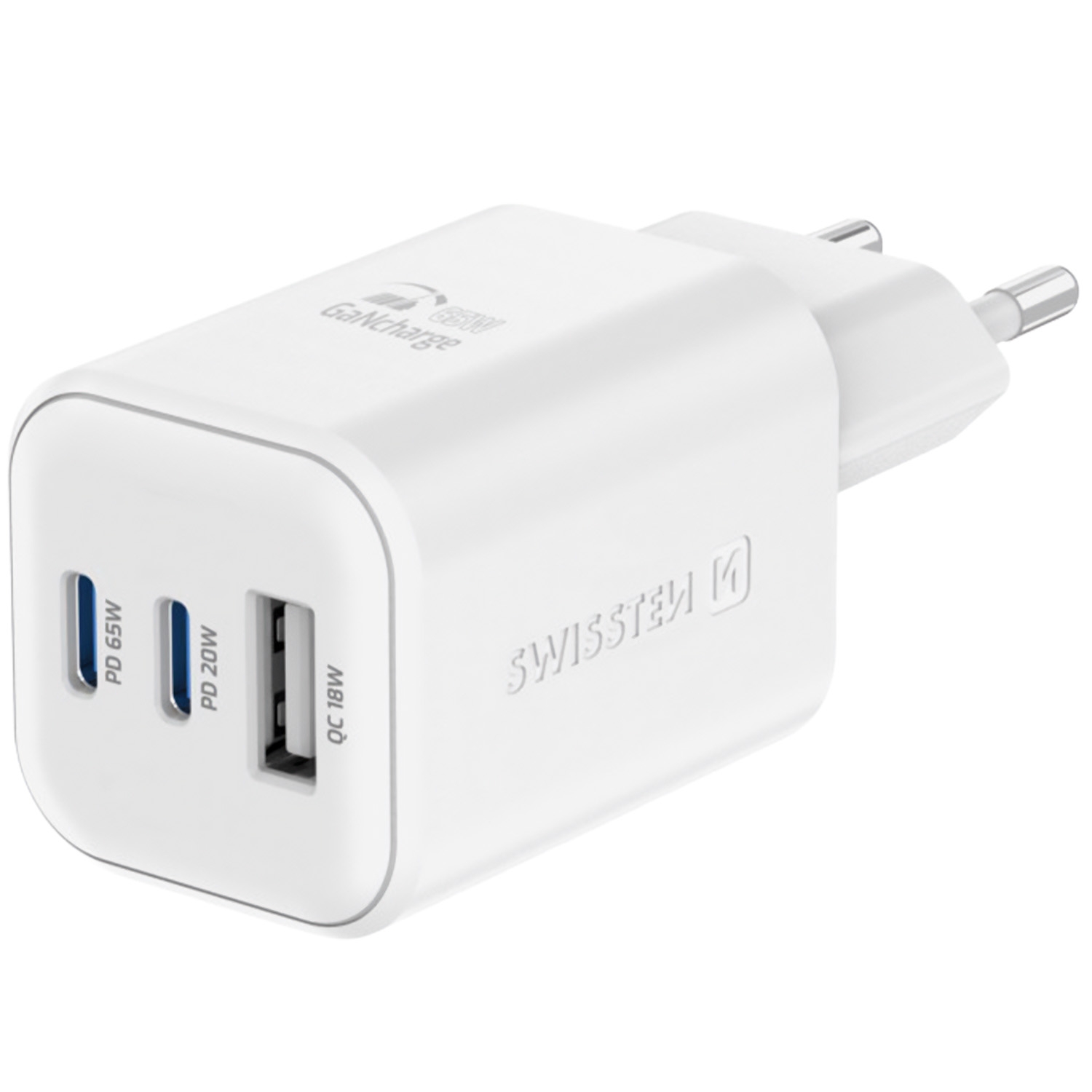 Ładowarka sieciowa Swissten GaN, 2x USB-C PD i 1x USB-A QC, 65 W i 18 W, biała