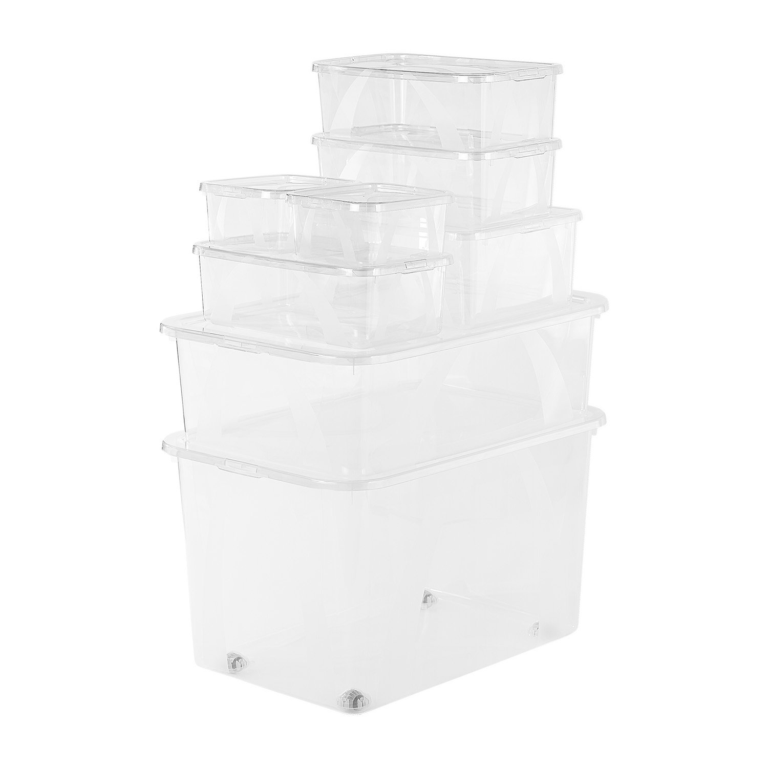 Zestaw 8 pudełek do przechowywania Rotho Lona, 50 l, 29 l, 10 l, 5 l (3), 2 l (2), transparentne