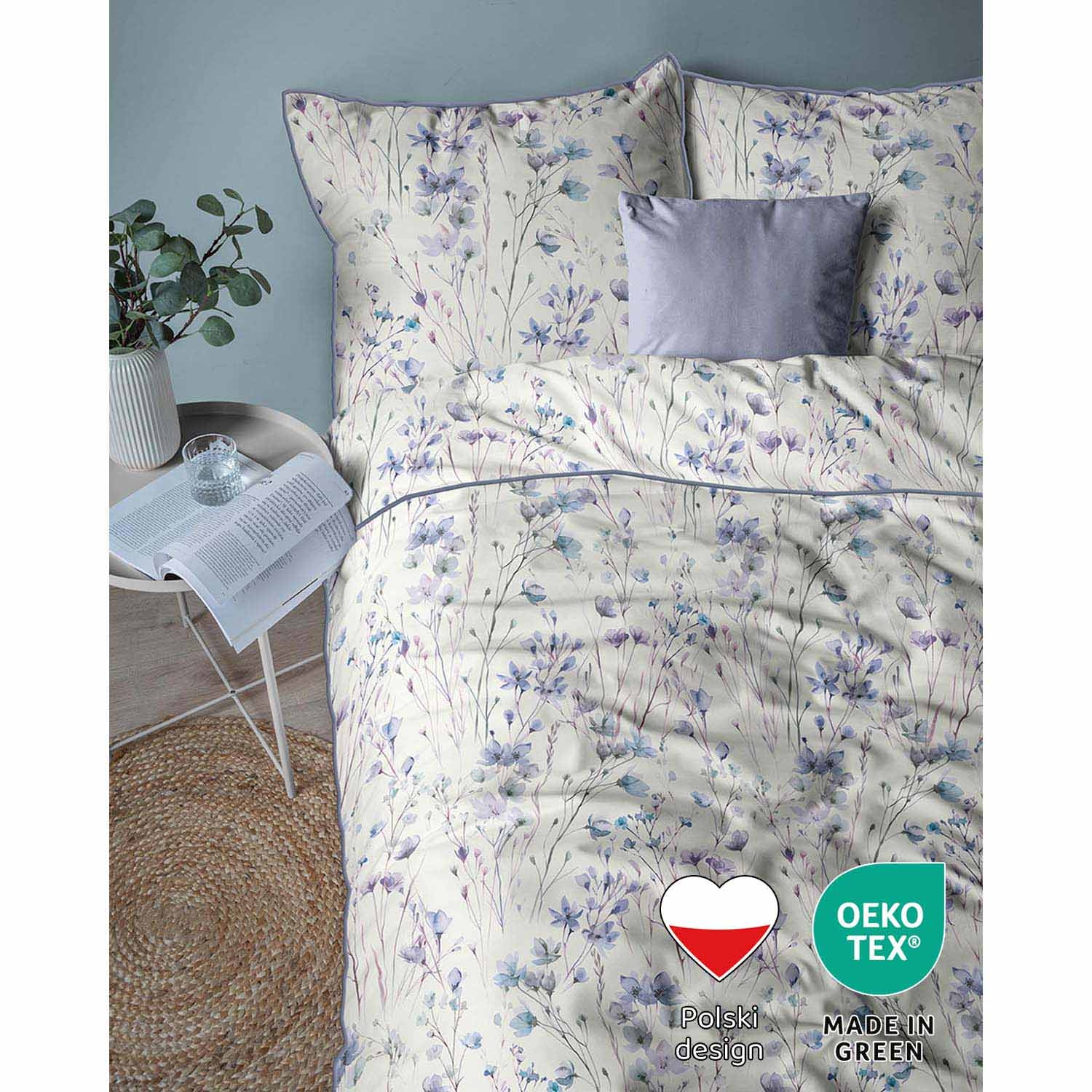 Pościel z perkalu 160 x 200 cm Lame Percale, niebieskie kwiatki