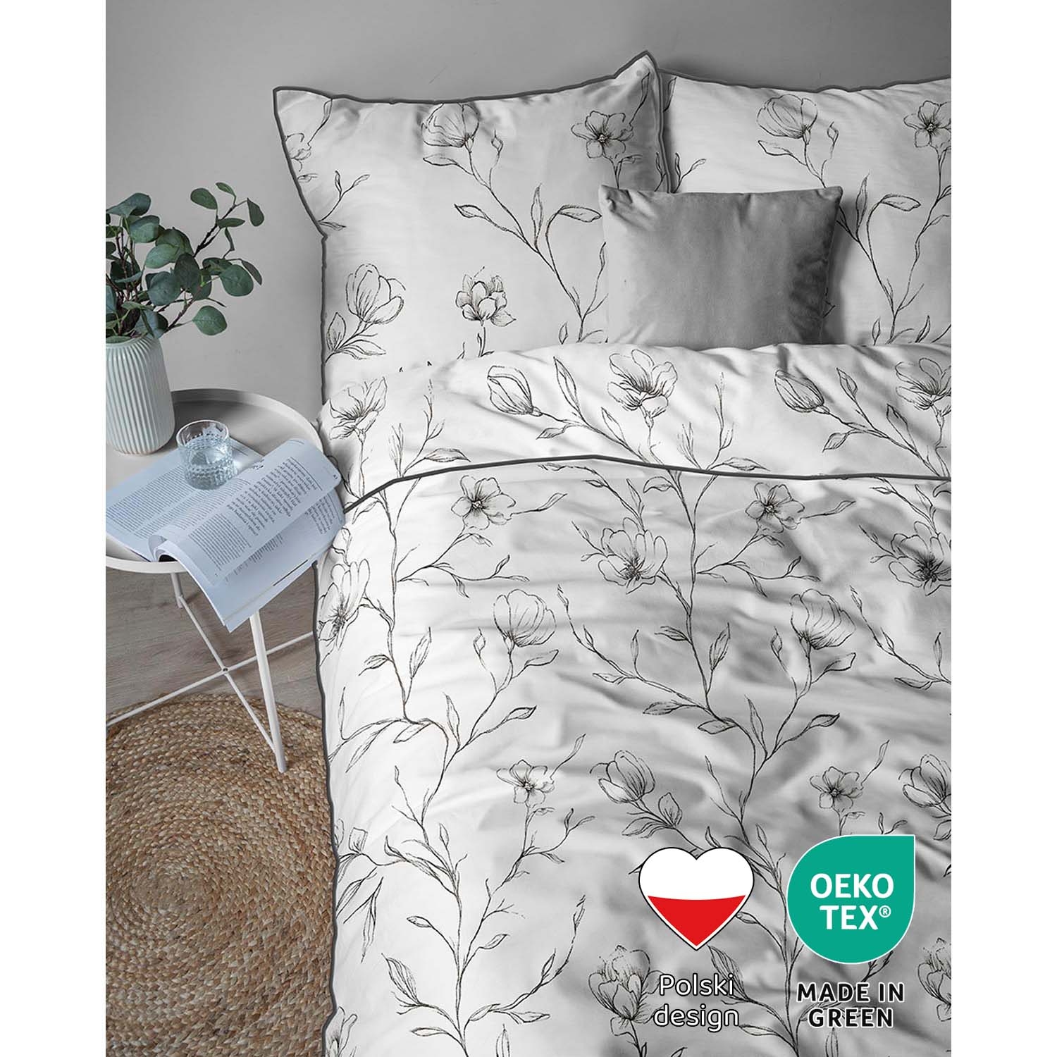 Pościel z perkalu 160 x 200 cm Lame Percale, czarne kwiaty, biała