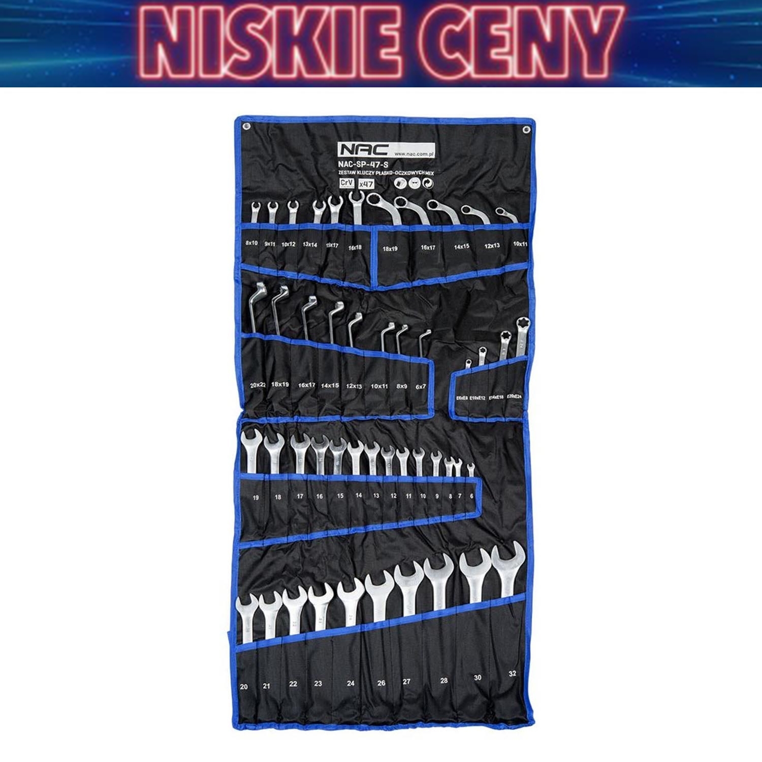 Zestaw kluczy płasko-oczkowych NAC, 47 elementów, w etui