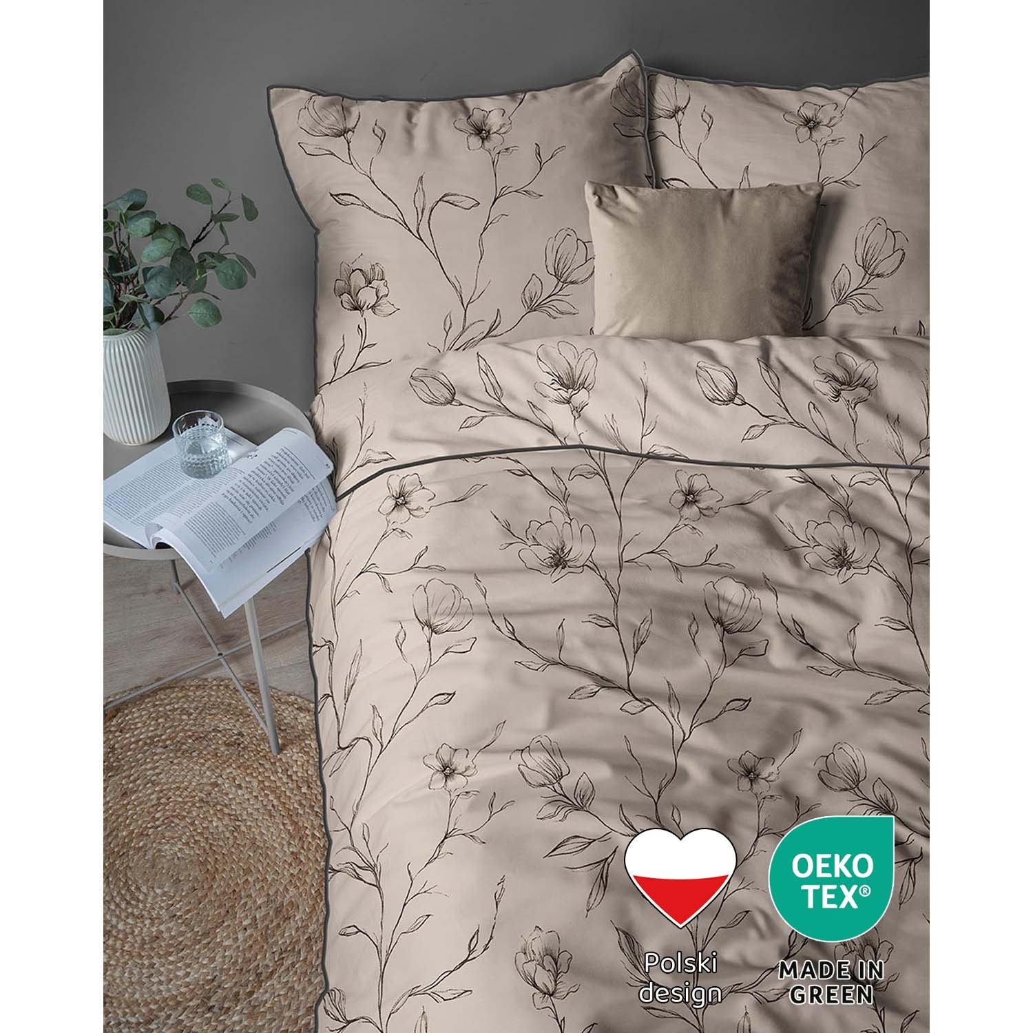 Pościel z perkalu 160 x 200 cm Lame Percale, czarne kwiaty, beżowa