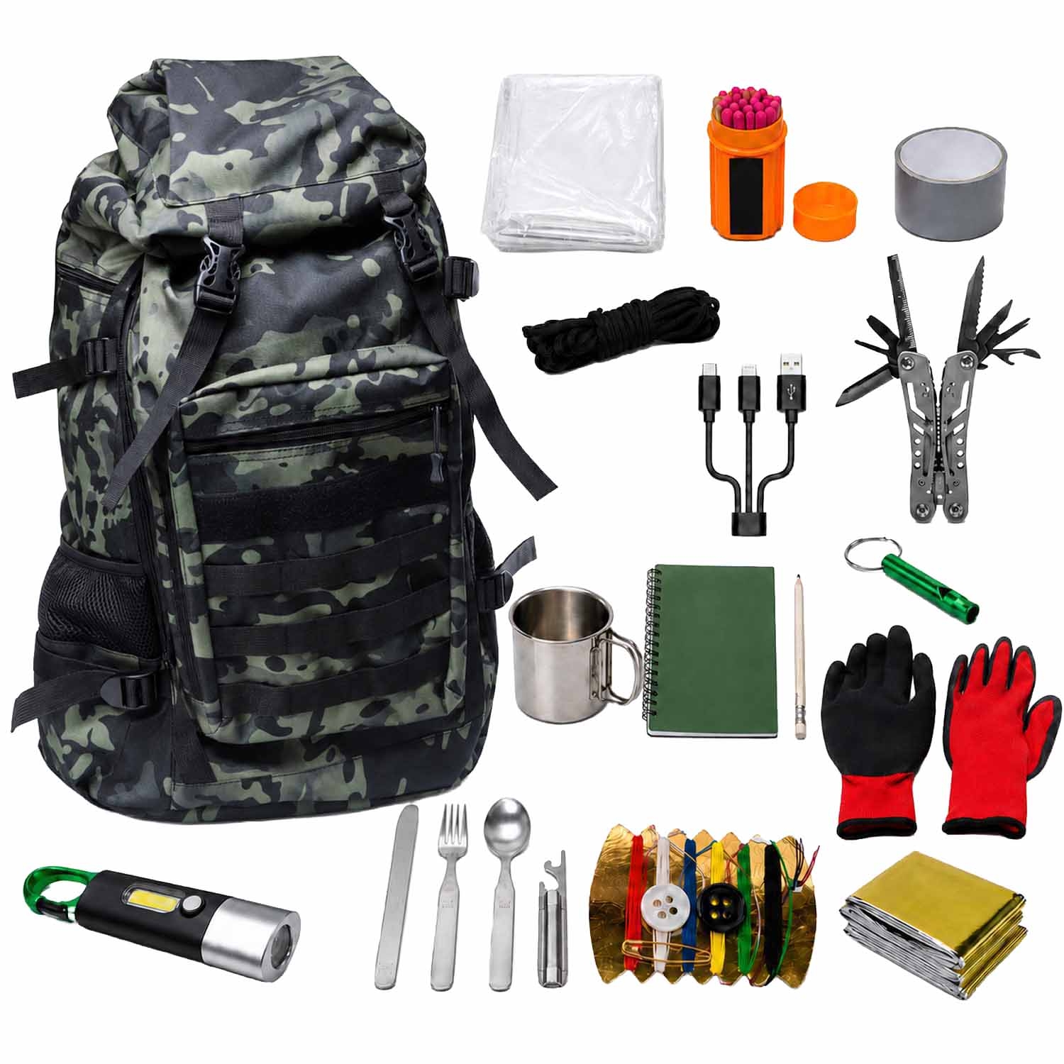 Plecak survivalowy Wild Trek, 60 l, z wyposażeniem, moro