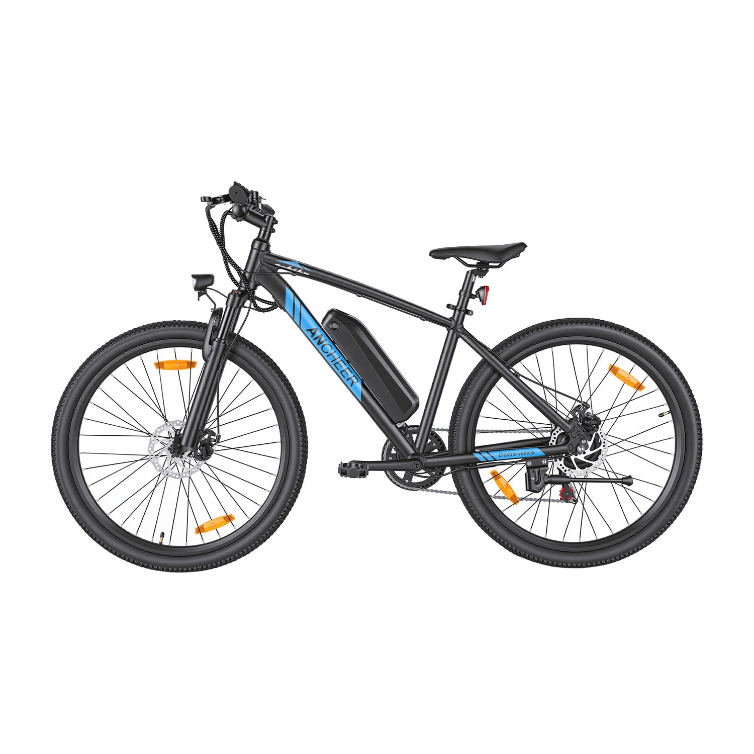 Rower elektryczny MTB Ancheer, 27,5”, czarny z niebieskimi elementami