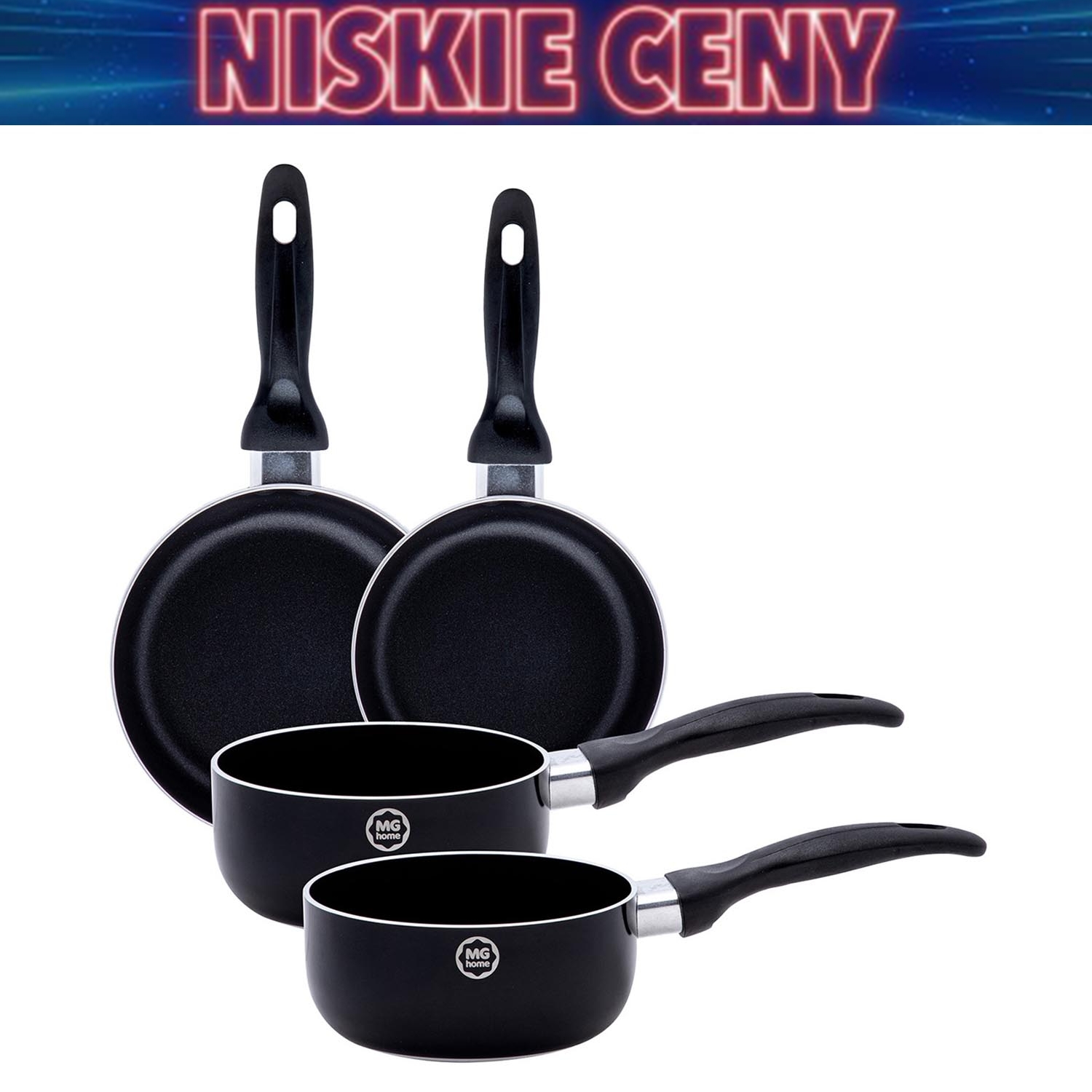 Zestaw rondli i patelni MG Home Mini, 4 elementy, czarne