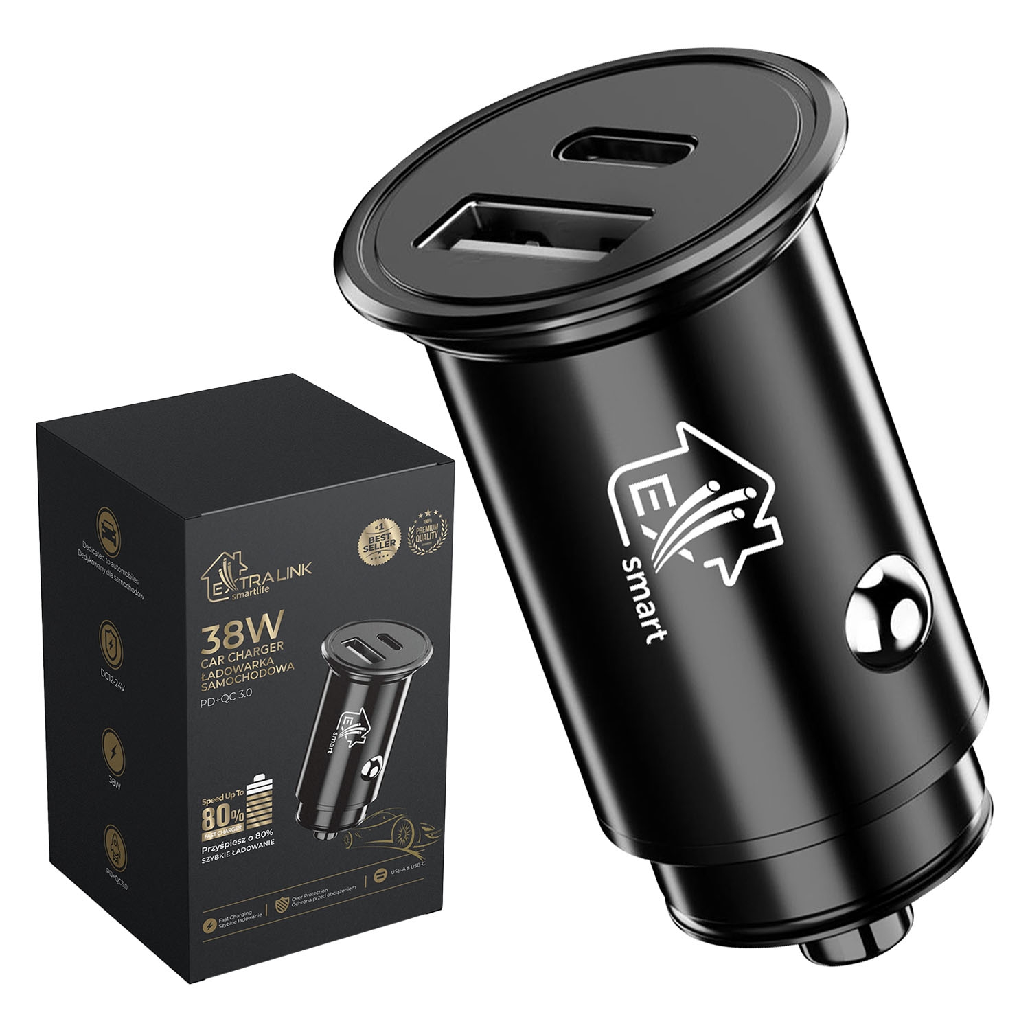 Ładowarka samochodowa Extralink Smart Life, 38 W, czarna