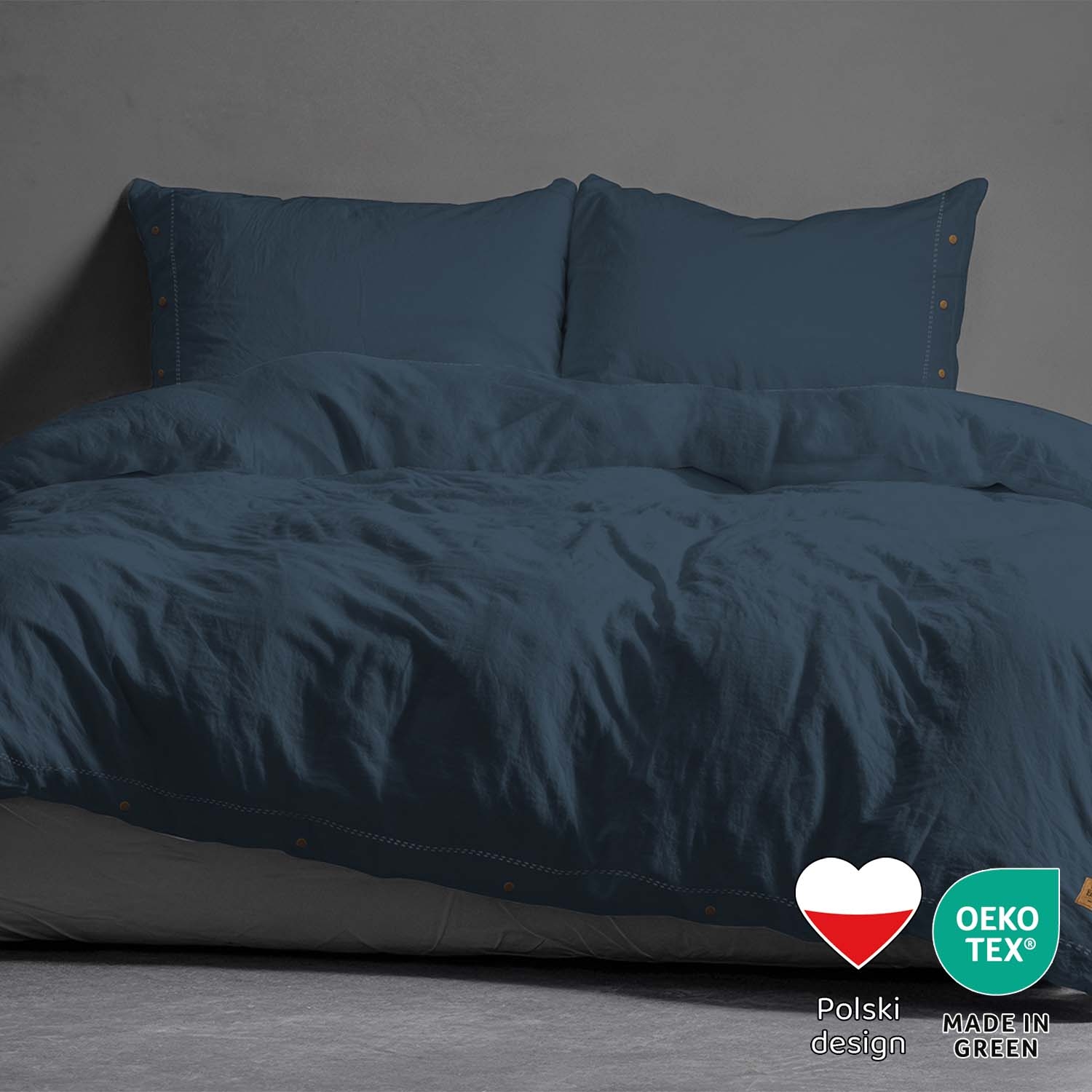 Pościel bawełniana 220 x 200 cm Pure Eco Line, z ozdobnym guzikiem, denim