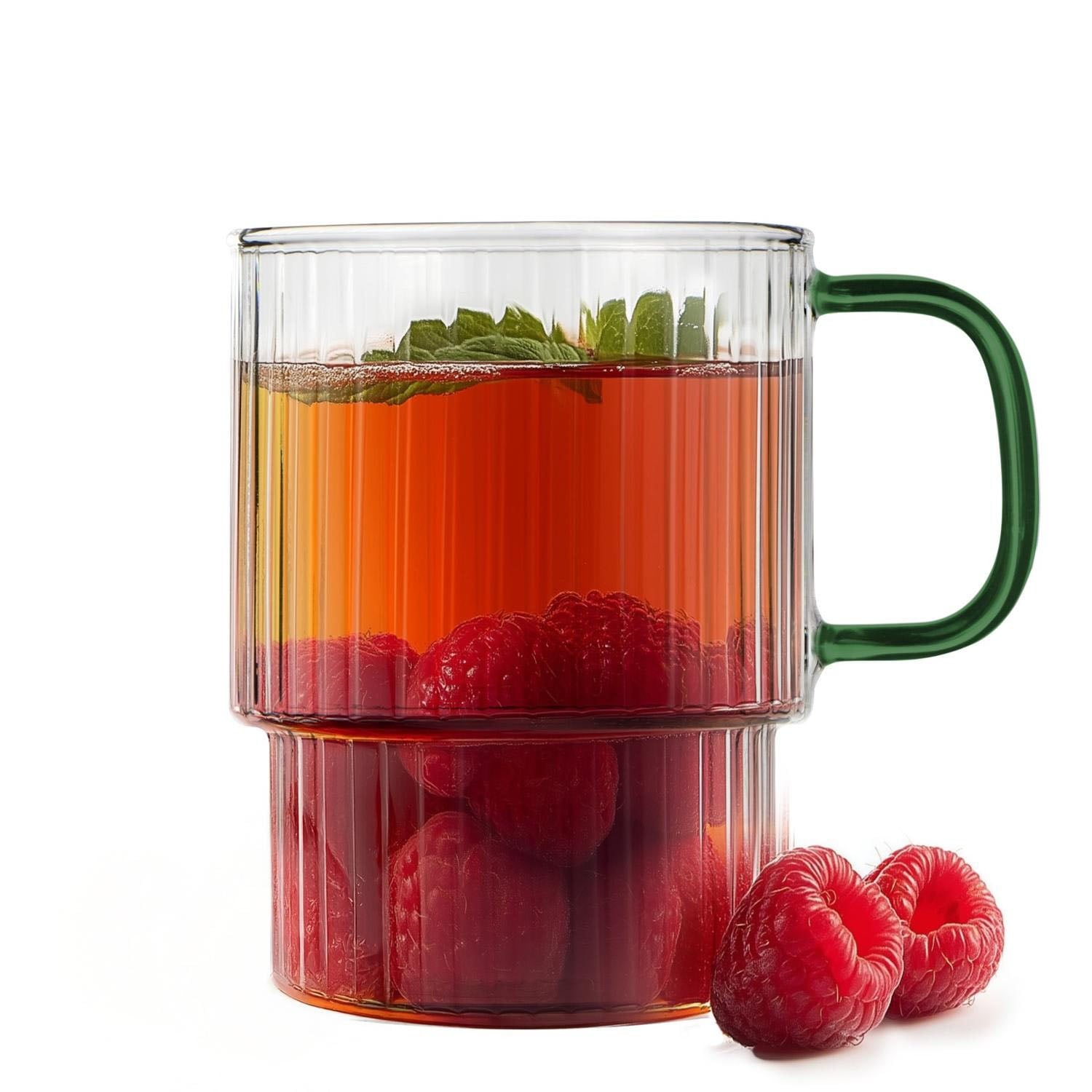 Komplet 2 szklanek ryflowanych Vialli Design Livio, 350 ml, z zielonym uchem