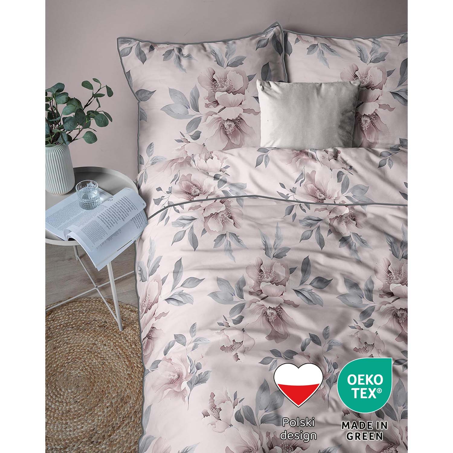 Pościel z perkalu 220 x 200 cm Lame Percale, kwiaty, różowa