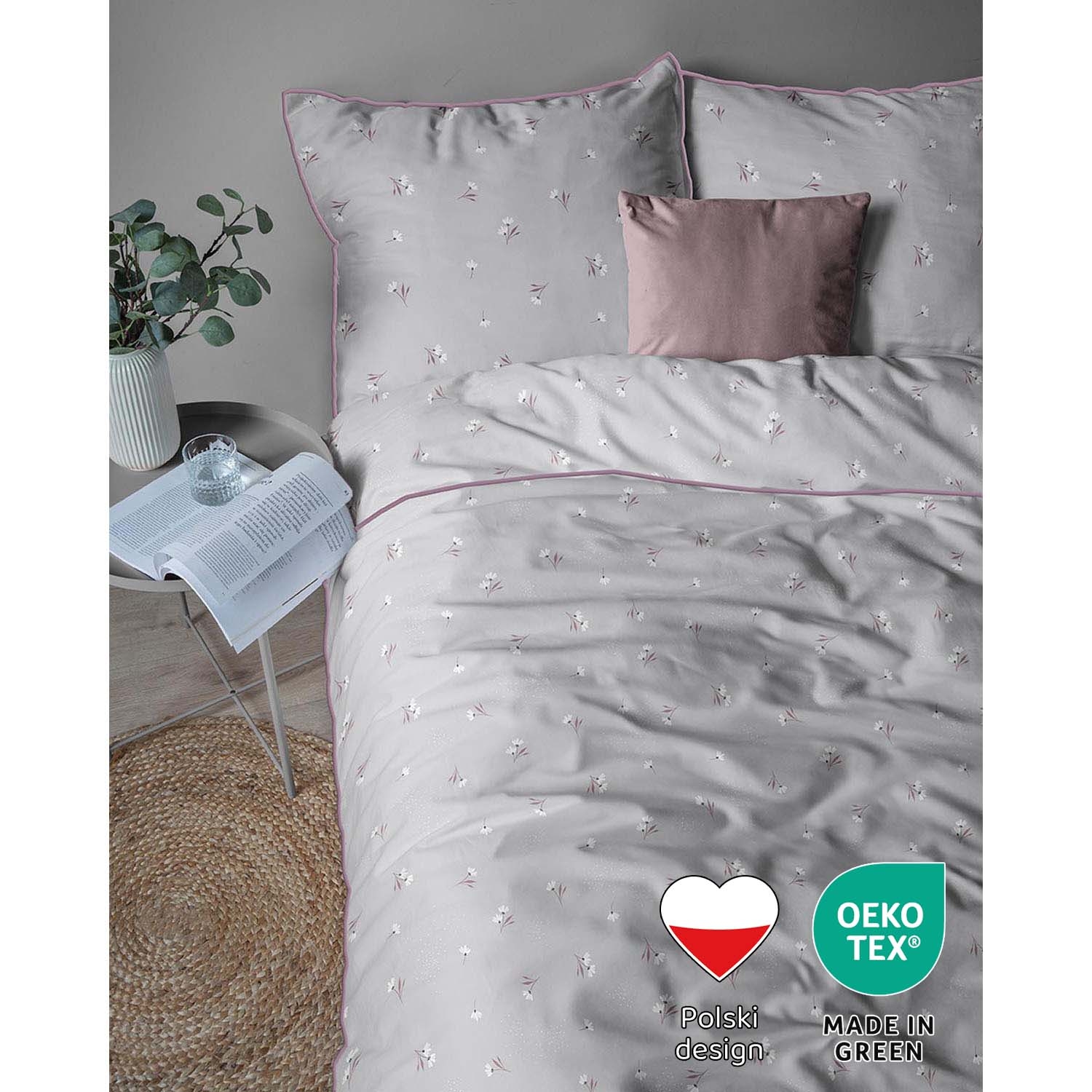 Pościel z perkalu 220 x 200 cm Lame Percale, kwiatki, szara