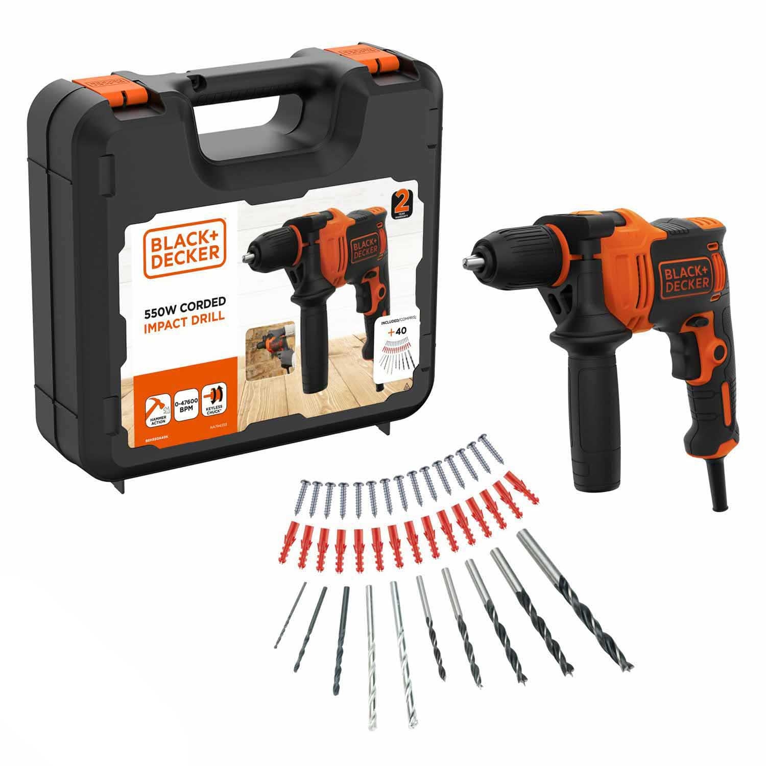 Wiertarka udarowa Black+Decker, 550 W, z walizką i akcesoriami