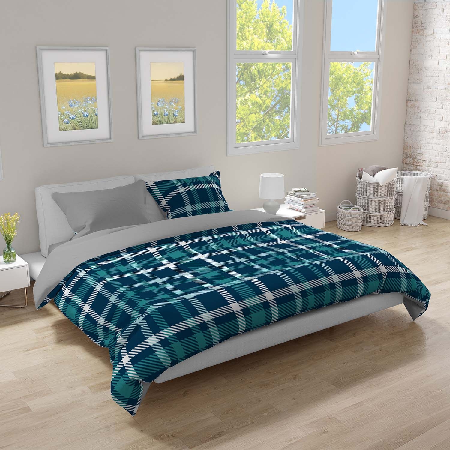 Pościel bawełniana flanelowa 160 x 200 cm Faro, kratka, niebieska