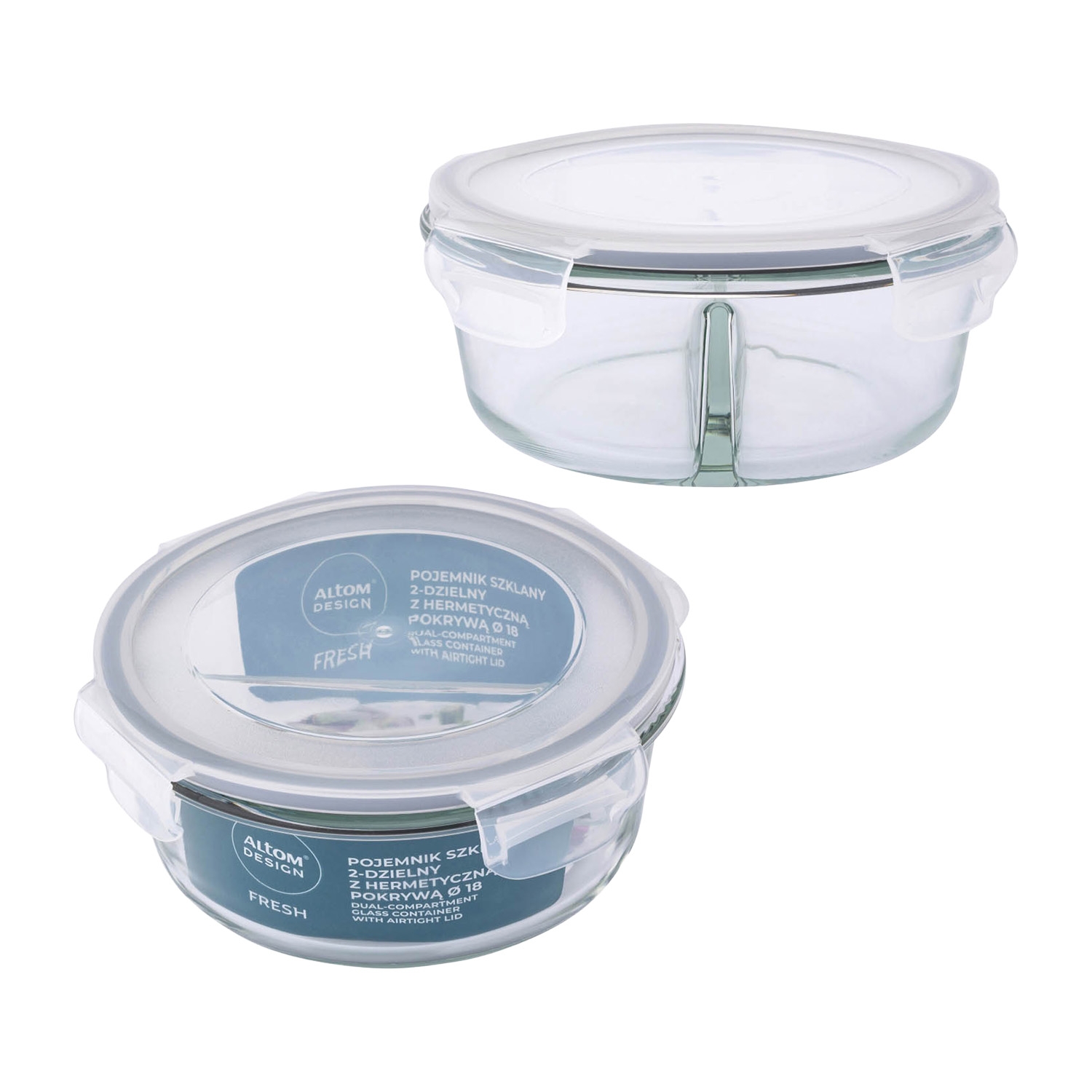 Komplet 2 szklanych pojemników Altom Design, 950 ml, 2 komory, okrągłe