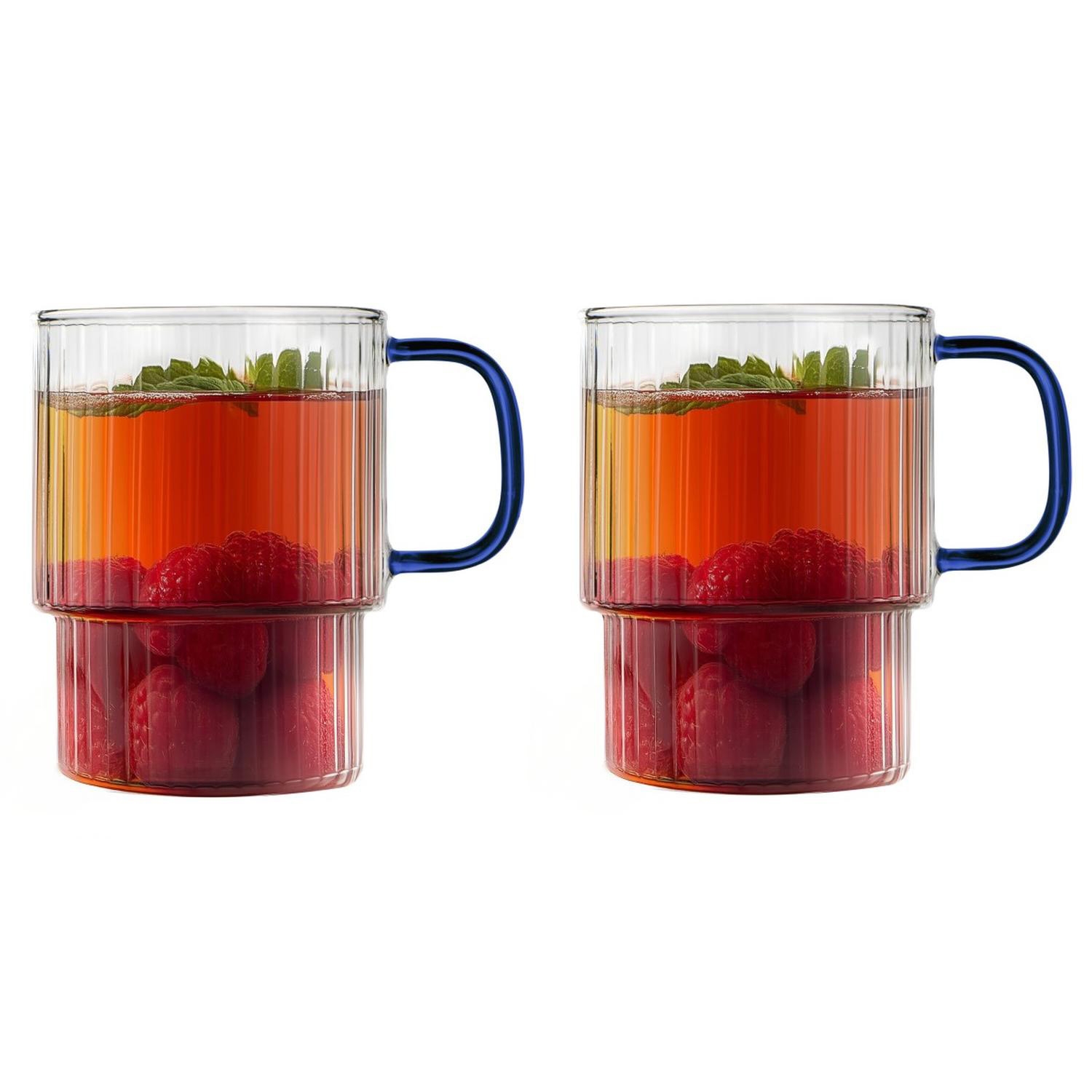 Komplet 2 szklanek ryflowanych Vialli Design Livio, 350 ml, z niebieskiem uchem