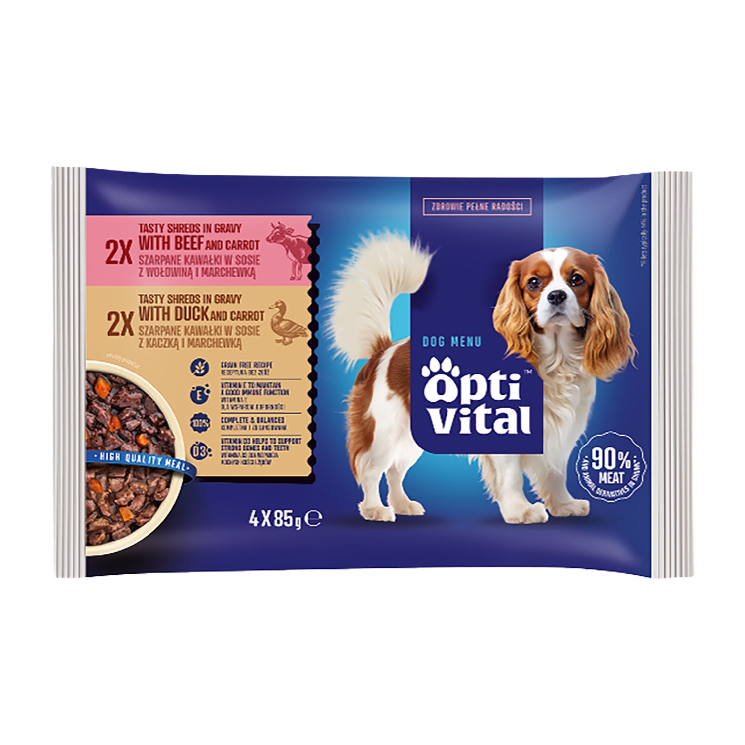 Karma dla psa OptiVital, mokra, saszetki, kaczka, wołowina, 60 x 85 g