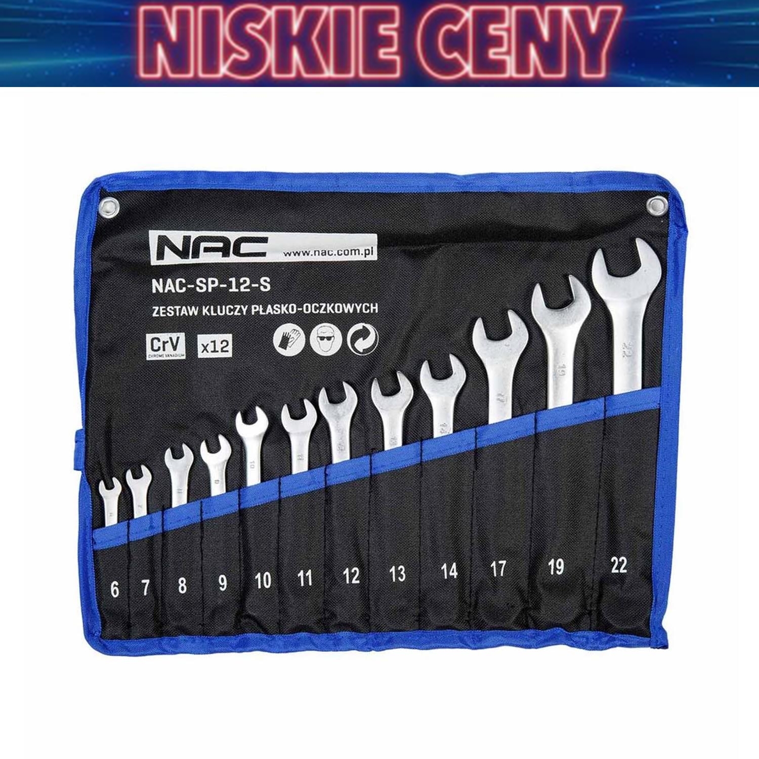 Zestaw kluczy płasko-oczkowych NAC, 12 elementów, w etui