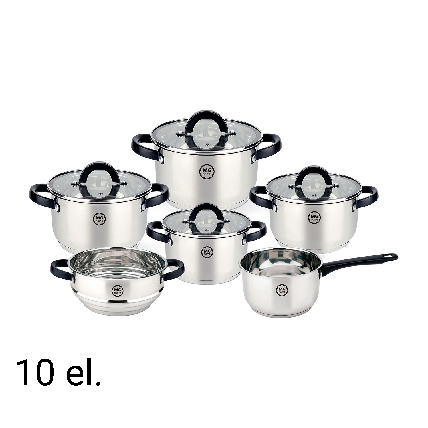Zestaw garnków MG Home Black, 10 elementów, stal nierdzewna