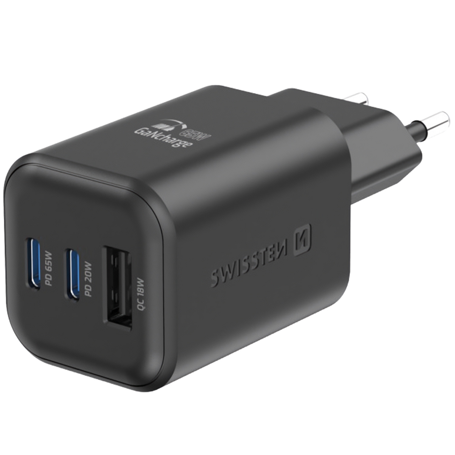 Ładowarka sieciowa Swissten GaN, 2x USB-C PD i 1x USB-A QC, 65 W i 18 W, czarna