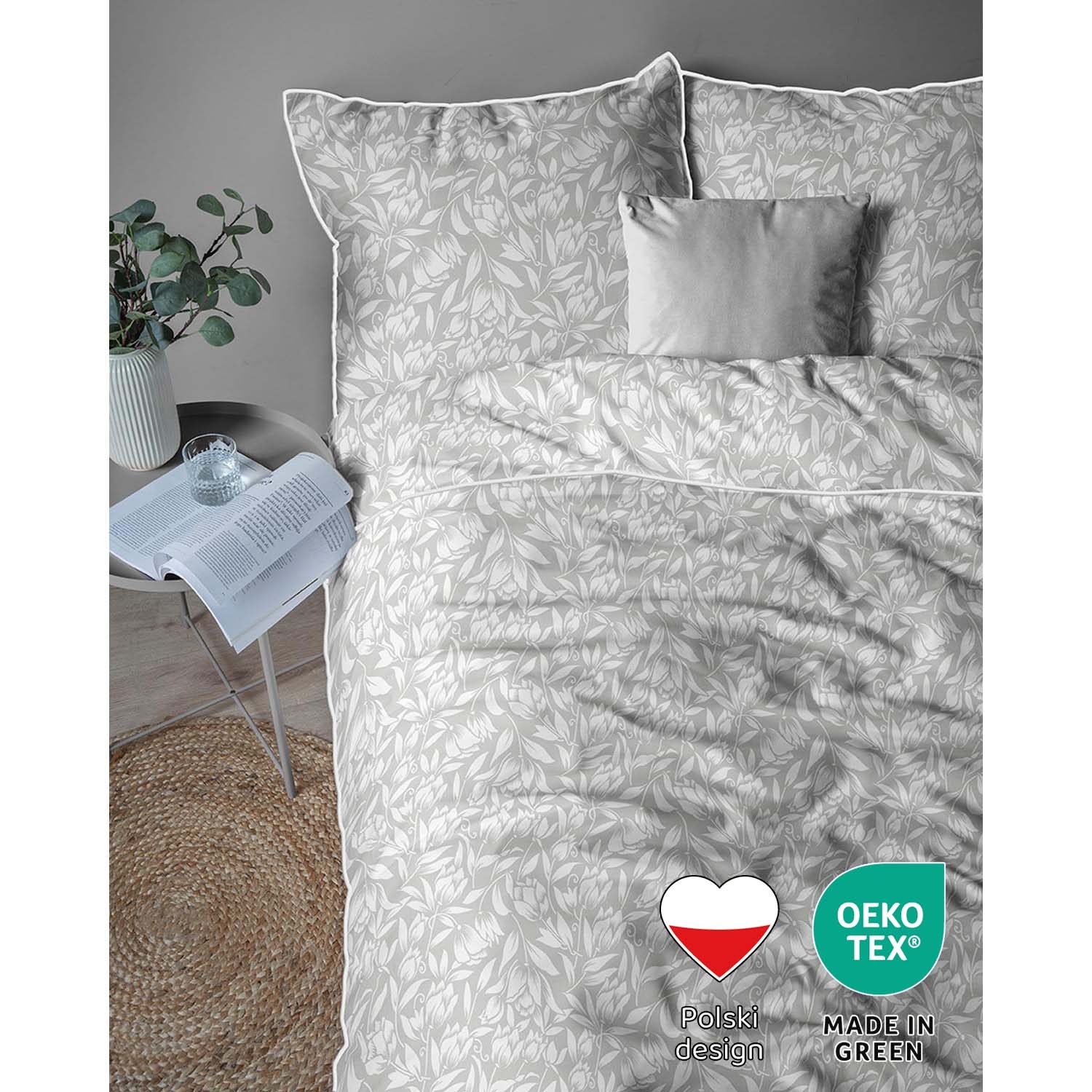 Pościel z perkalu 160 x 200 cm Lame Percale, białe kwiaty, szara