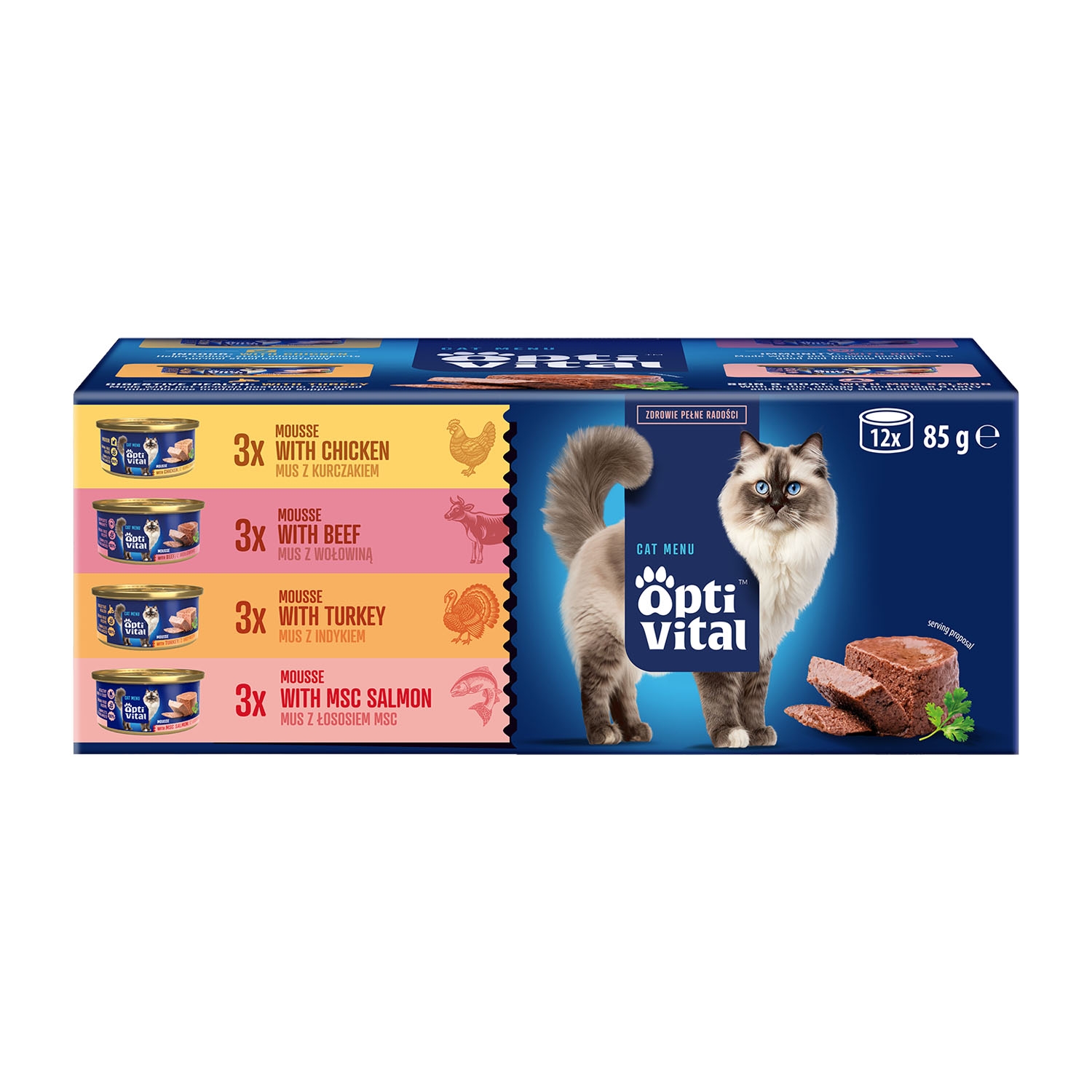 Mokra karma dla kotów OptiVital, minipuszki, 4 smaki, 12 x 85 g