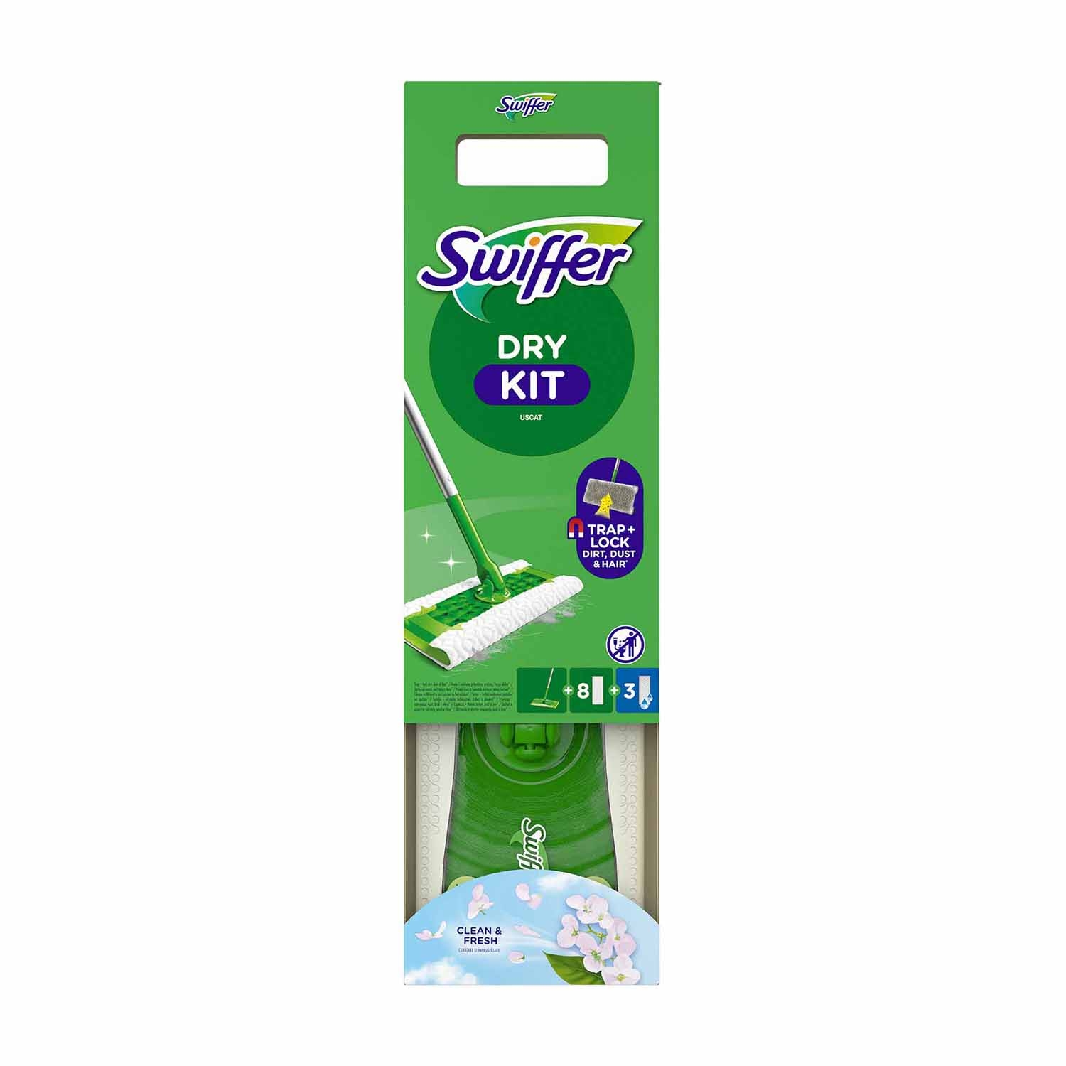 Zestaw startowy Swiffer Base, mop, 8 ściereczek do kurzu, 3 mokre chusteczki do podłóg