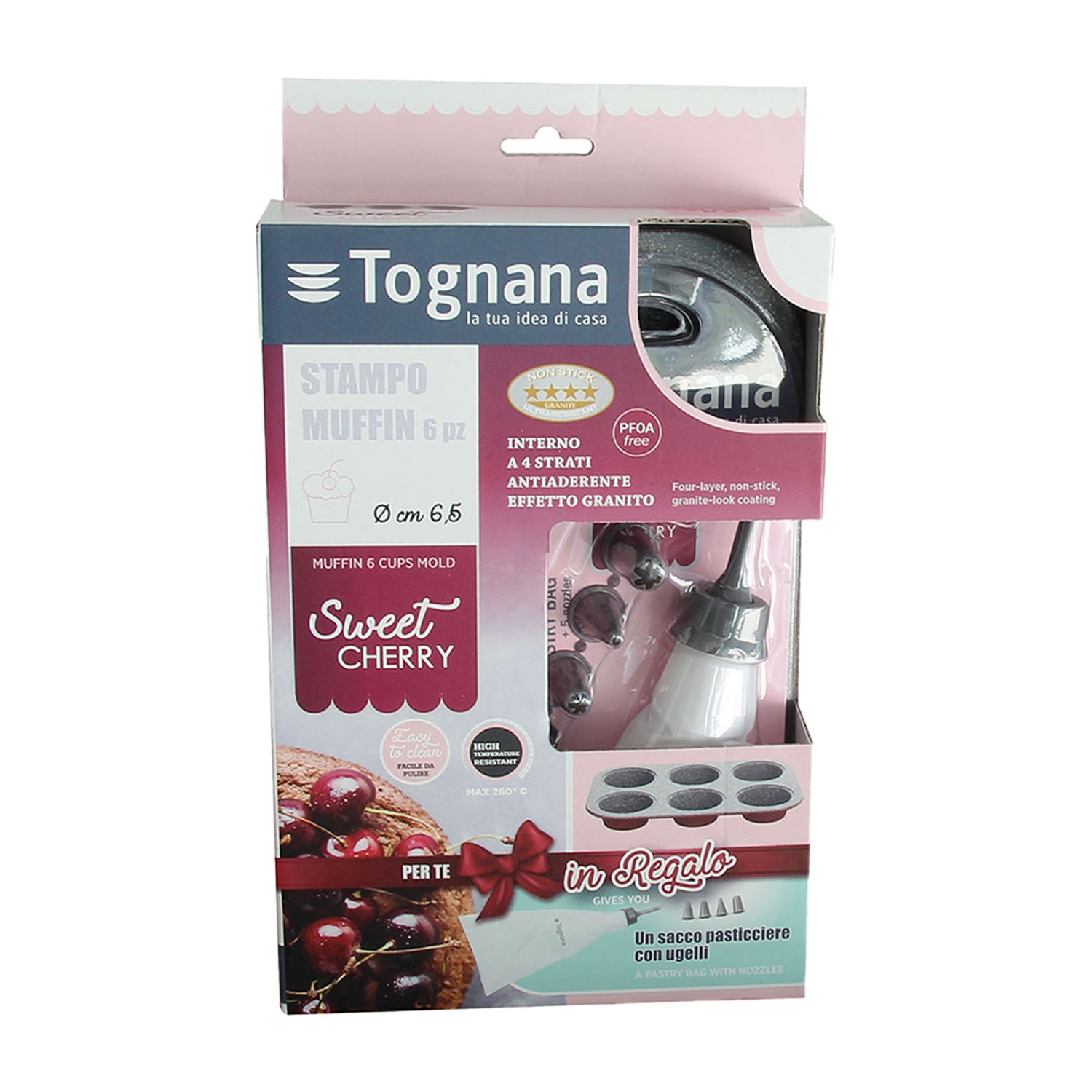 Forma na 6 muffinów Tognana Sweet Cherry, z rękawem do dekoracji, bordowa