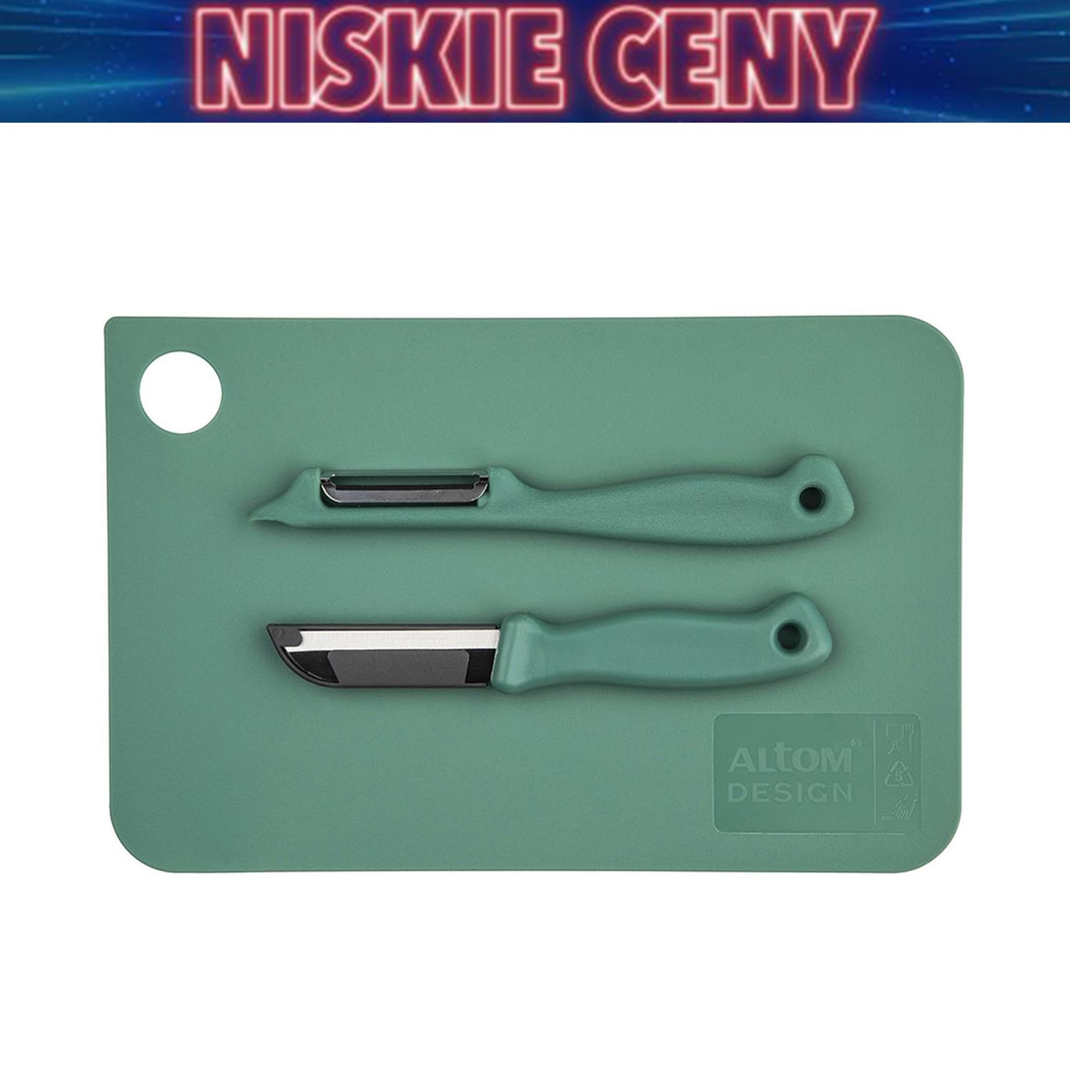 Deska do krojenia Altom Design, ze skrobakiem i nożykiem, szałwiowa