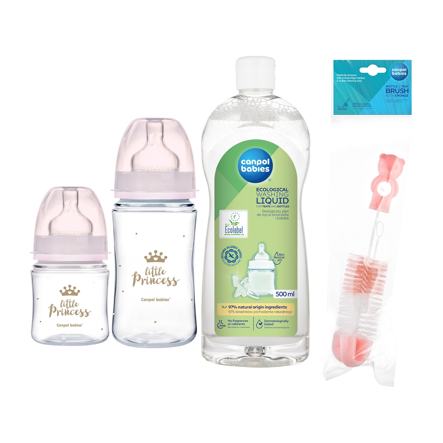 Zestaw dla niemowląt Canpol Babies, 2 x butelka, 2 x smoczek, szczotka i płyn, różowy