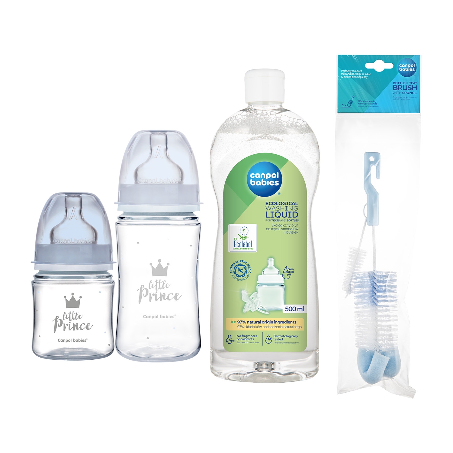 Zestaw dla niemowląt Canpol Babies, 2 x butelka, 2 x smoczek, szczotka i płyn, niebieski