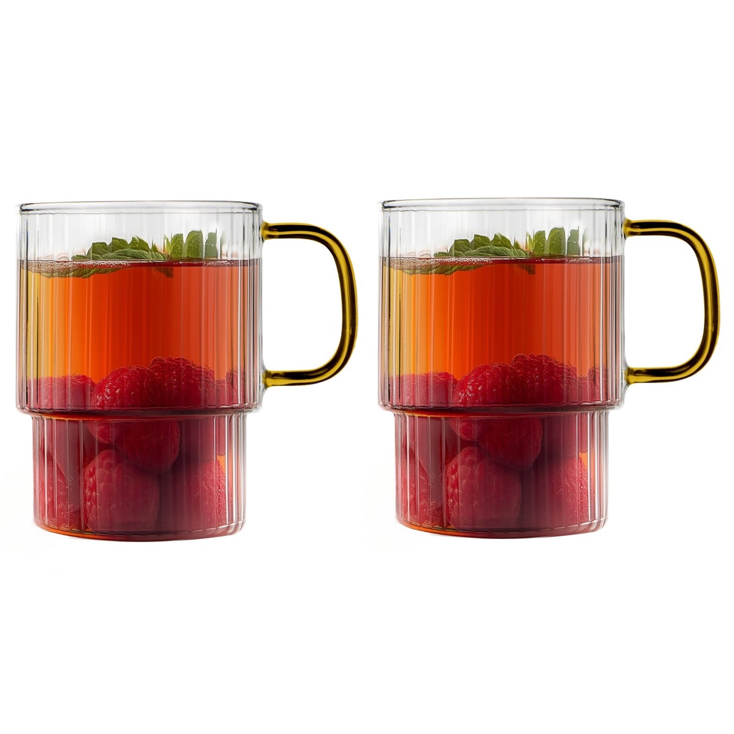 Komplet 2 szklanek ryflowanych Vialli Design Livio, 350 ml, z żółtym uchem