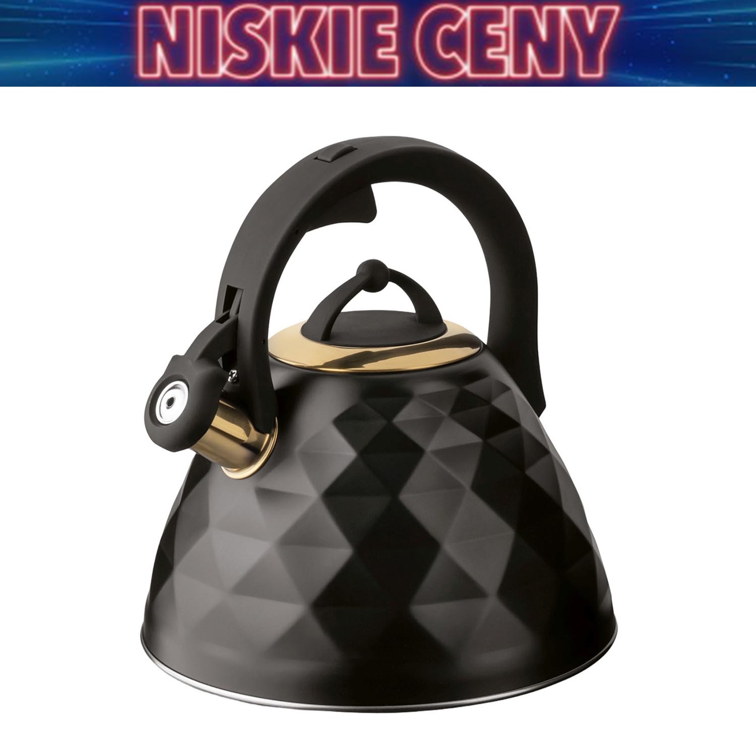 Czajnik z gwizdkiem Tadar Crystal, 3 l, stal nierdzewna, czarny mat, złote elementy