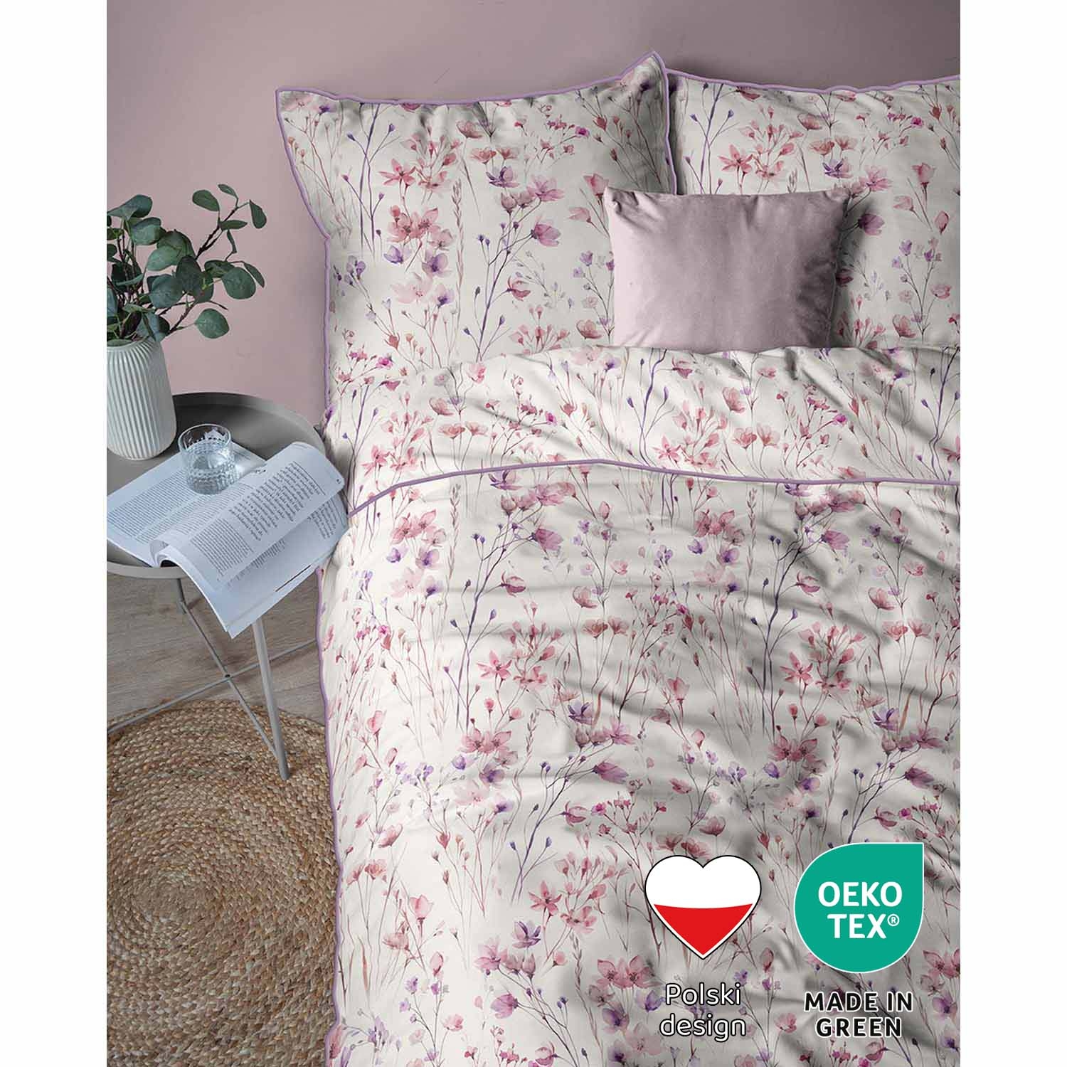 Pościel z perkalu 160 x 200 cm Lame Percale, różowo-fioletowe kwiatki